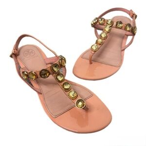 Tory Burch Peach Pink and Gold Sandals with Studded Design